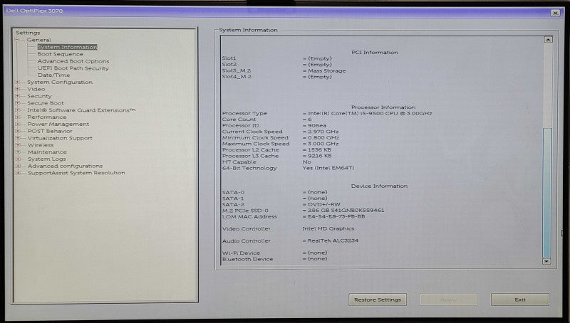 Dell OptiPlex 3070, Core i5-9500 3.00GHz, 16GB RAM, 256GB NVMe