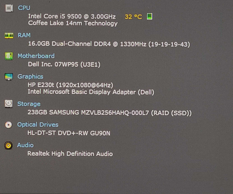 Dell OptiPlex 3070, Core i5-9500 3.00GHz, 16GB RAM, 256GB NVMe