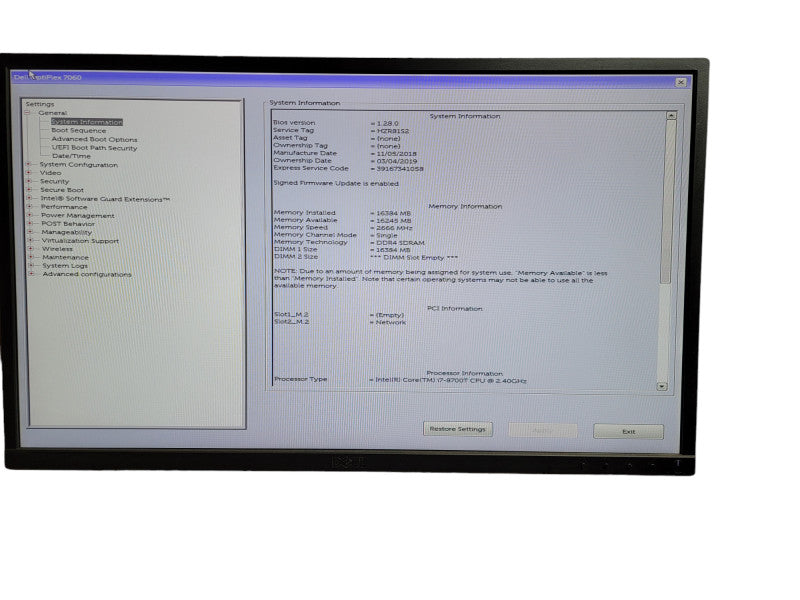 Dell OptiPlex 7060 Micro Core i7- 8700T CPU @ 2.40GHz 16GB DDR4 Ram QÎ¸
