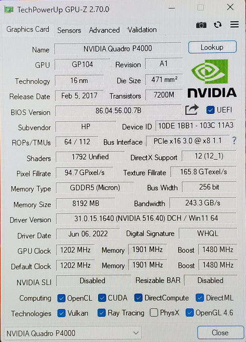 Nvidia Quadro P4000 8GB GDDR5 Graphics Card | 4xDP