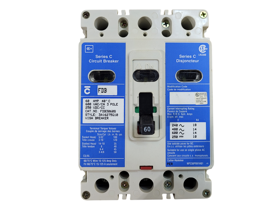 EATON FDB3060S 60 AMP 600V 3 POLE CIRCUIT BREAKER