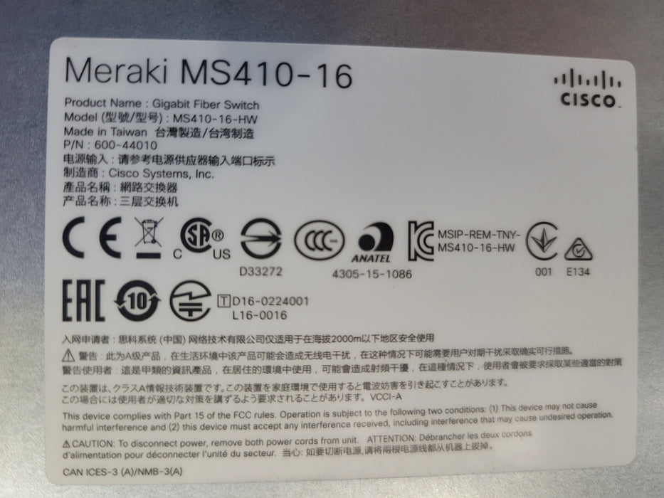 Cisco Meraki MS410-16-HW 16x 1Gb SFP 2x 10Gb SFP+ Managed Switch UNCLAIMED, 1x P