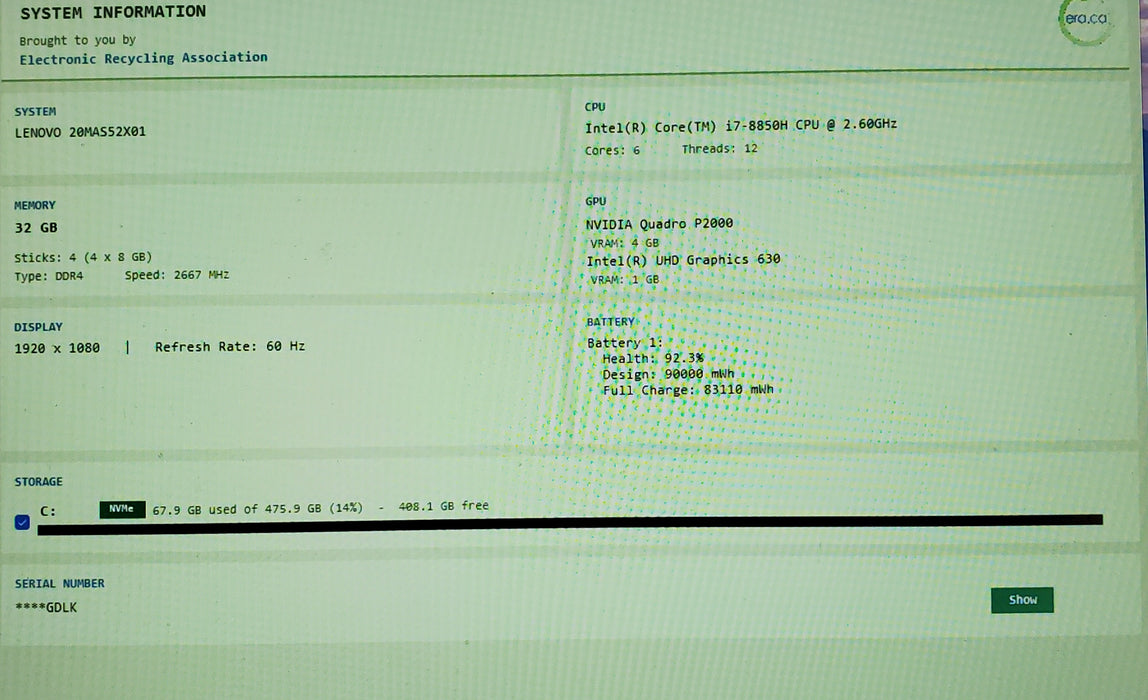 Lenovo ThinkPad P52 i7-8850H 2.60GHz 32GB Ram 512GB SSD NIVDIA P2000 READ