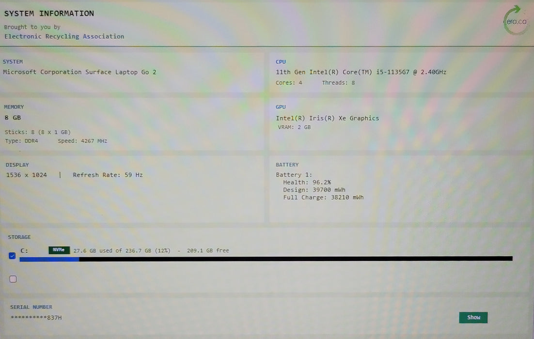 Microsoft Surface Laptop Go 2 i5-1135G7 8GB DDR4 256GB NVMe
