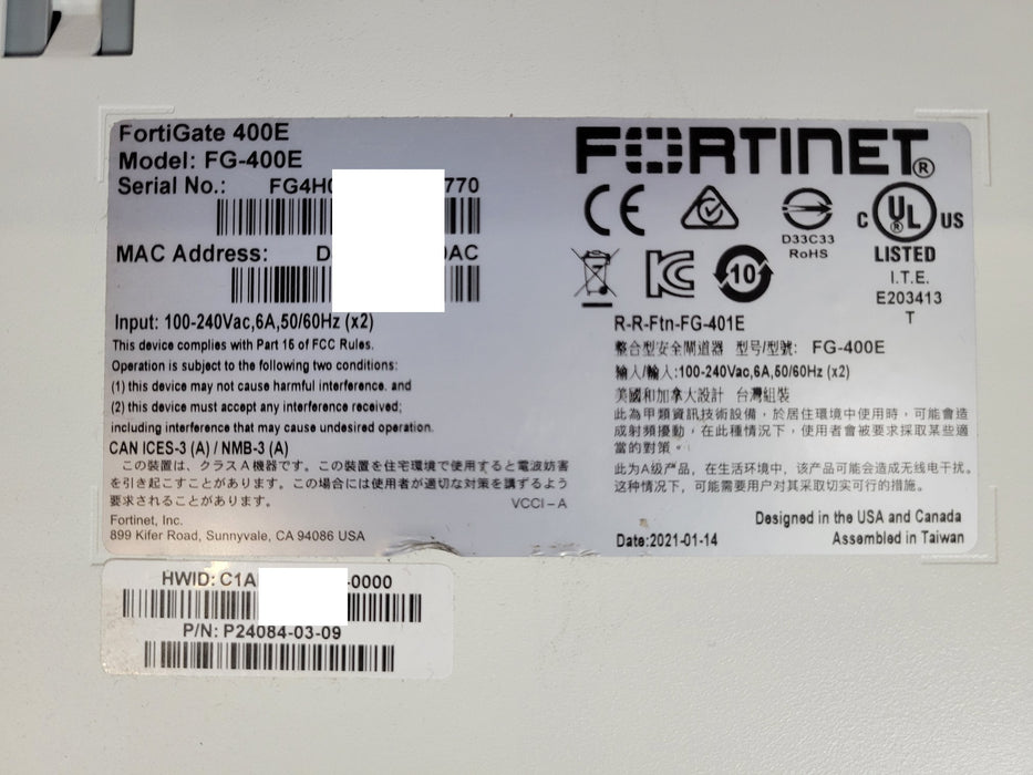 Fortinet FortiGate FG-400E Network Security appliance, 1x PSU, READ