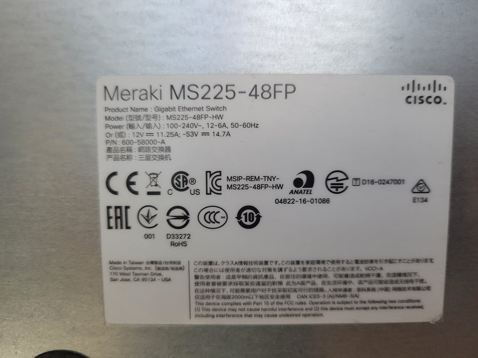 Cisco Meraki MS225-48FP-HW 48-Port PoE Ethernet Switch Unclaimed