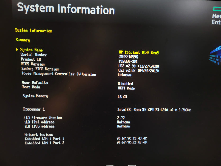 HP ProLiant DL20 Gen9 - Xeon E3-1240 v6 16GB DDR4 B140i NO HDD 290W PSU