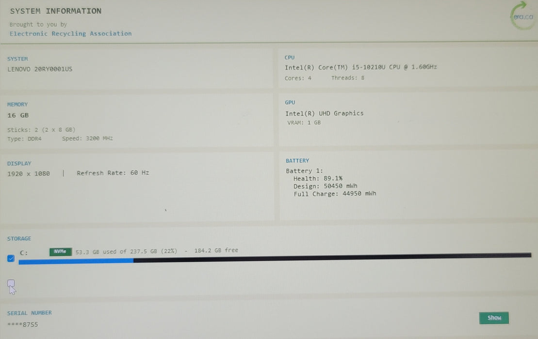 Lenovo ThinkPad T490 i5-10210U 16GB DDR4 256GB NVMe NO ADAPTER  READ