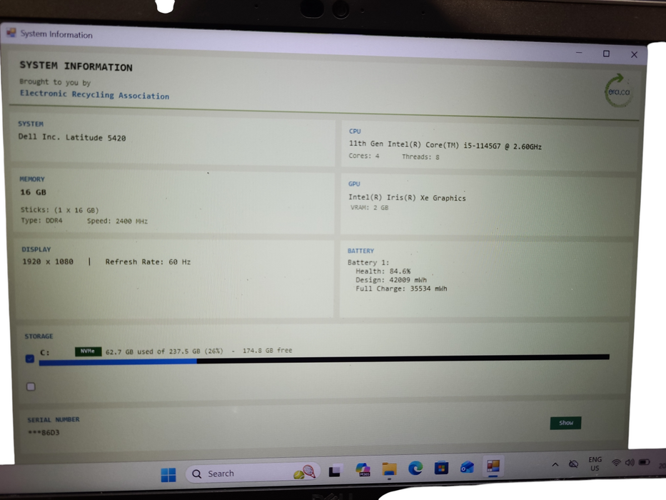 Dell latitude 5420 Core i5-1145G7 2.6GHz 16GB DDR4 RAM 256GB SSD READ