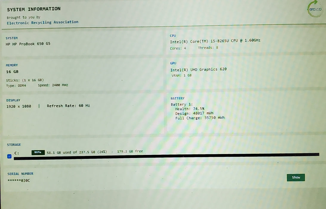 HP ProBook 650 G5 Core i5-8265U CPU 16GB RAM 256GB SSD DVDRW READ