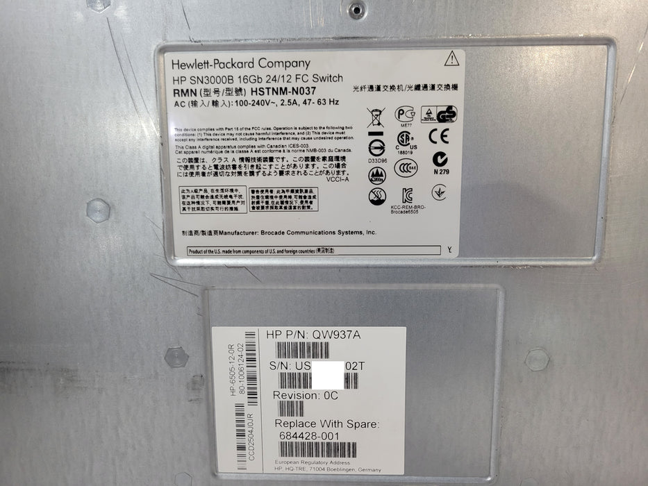 HP SN3000B 16GB 24/12 FC Switch HP-6505-12-0R QW937A 12-Port Active w/ 12x SFPs