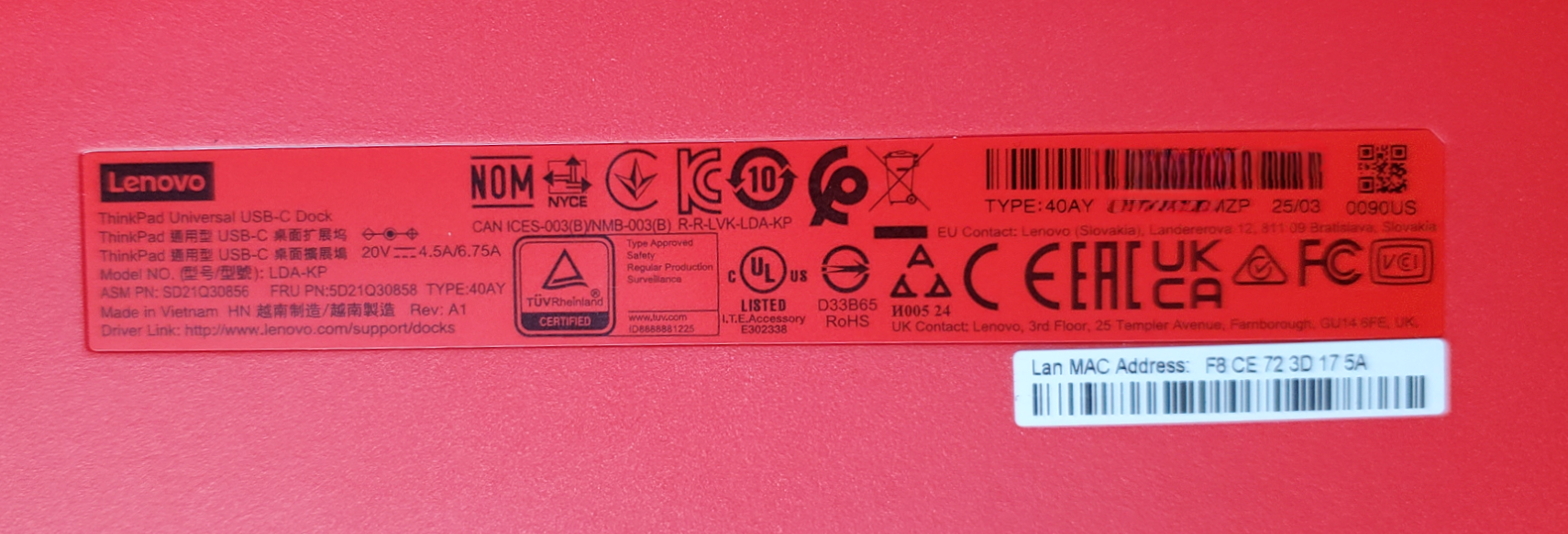 New Open Box - Lenovo ThinkPad Universal USB-C Dock 40AY0090US Type:40AY