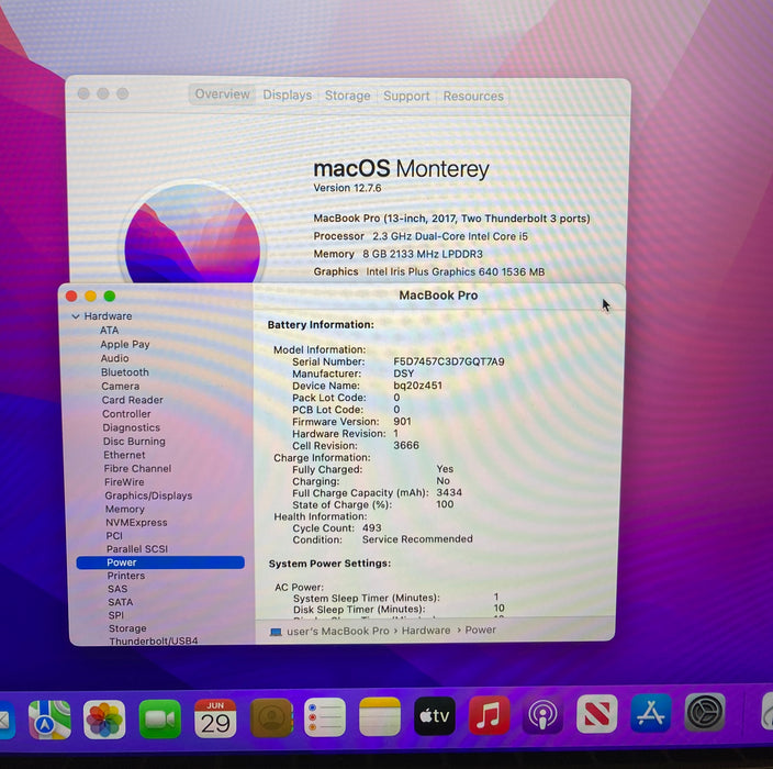 Apple MacBook Pro 13 2017 i5-7360U 8Gb RAM 256GB SSD Battery Service Recommended