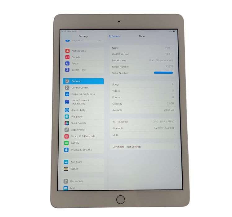 Apple iPad 8th Gen - 32GB - Silver [A2270] - READ