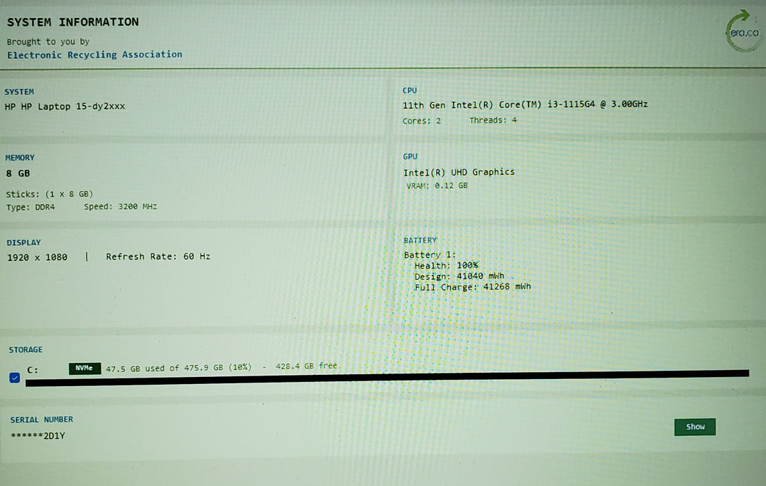 HP Laptop 15-DY2023CY i3-1115G4 3.0GHz 8GB RAM 512GB SSD