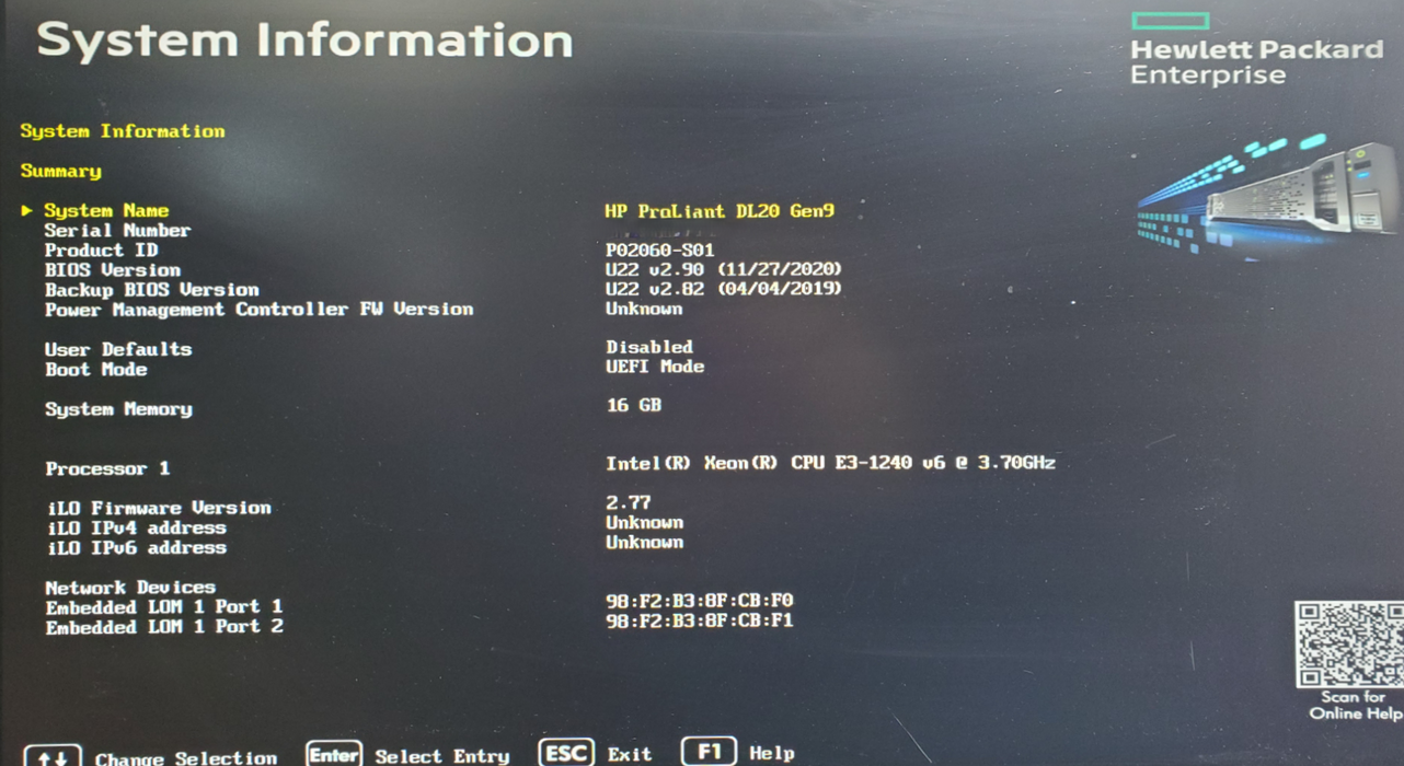 HP ProLiant DL20 Gen9 - 1x Xeon E3-1240 v6, 16GB DDR4, B140i - No HDD