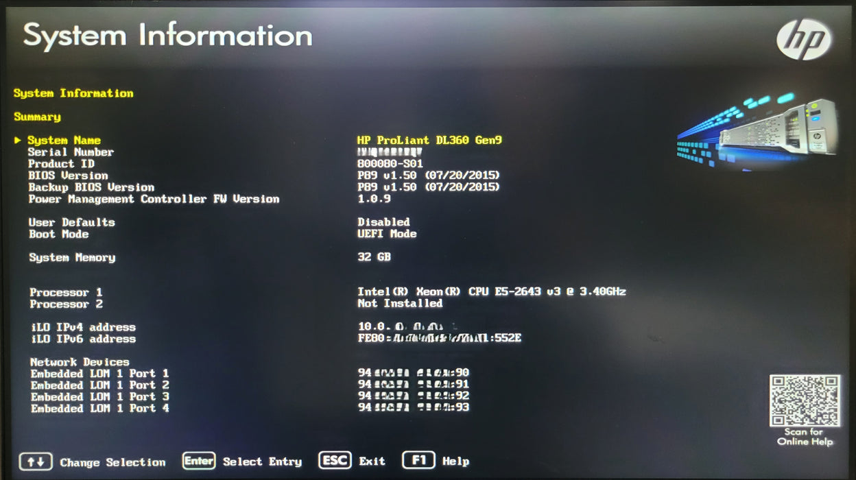 HP ProLiant DL360 Gen9 | 1x Xeon E5-2643 v3 @3.4GHz 32GB DDR4
