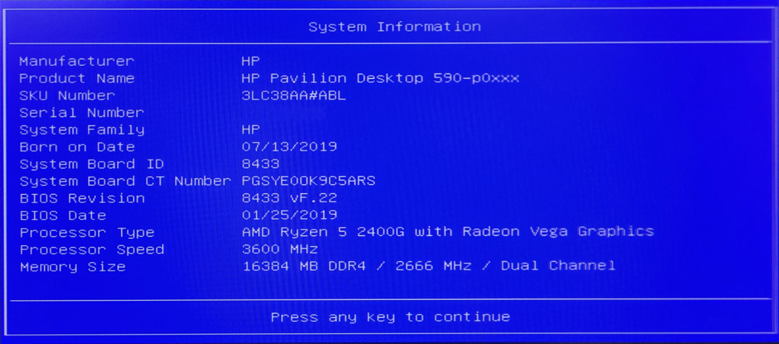 HP Pavilion Desktop 590-p0xxx, Ryzen 5 2400G, 16GB DDR4, 256GB NVMe