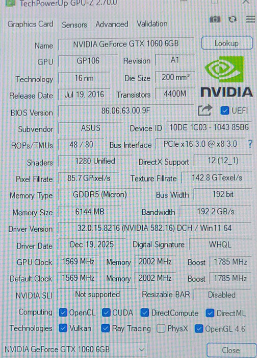Asus Dual-GTX1060-06G 6GB GDDR5 Graphics card