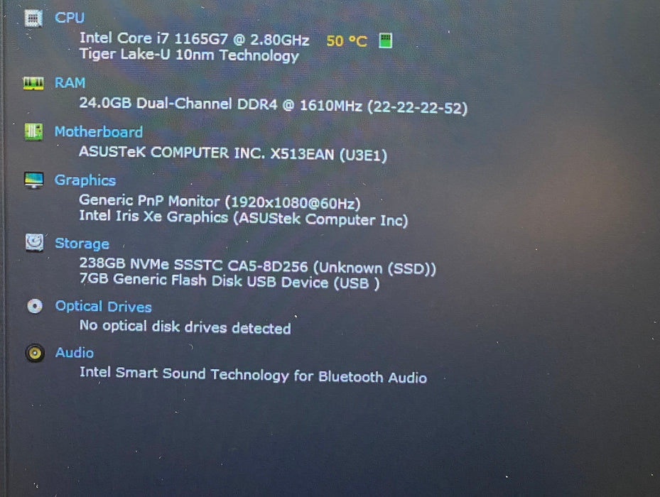 Asus VivoBook X513E Intel Core i7-1165H7 2.80GHz 24GB RAM 256GB SSD