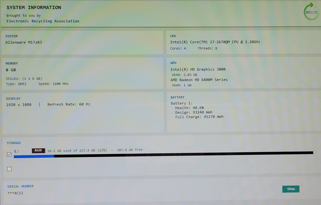 Retro Alienware M17x R3 i7-2670QM 8GB DDR3 Radeon 6800M 256GB SSD 17"