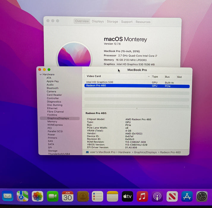 Apple MacBook Pro 15" 2016 i7-6820HQ Radeon Pro 460 GPU 16GB RAM 256GB SSD READ!