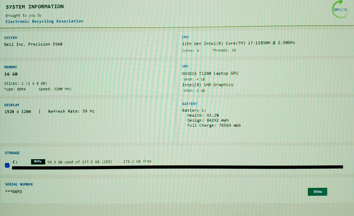 Dell Precision 5560 i7-11850H T1200 4GB GPU 16GB RAM 256GB SSD