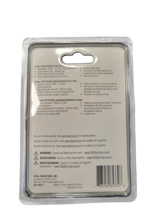 IDEAL 2-Way HDTV/Digital Cable Splitter 5MHz - 2.4GHz (85-332)