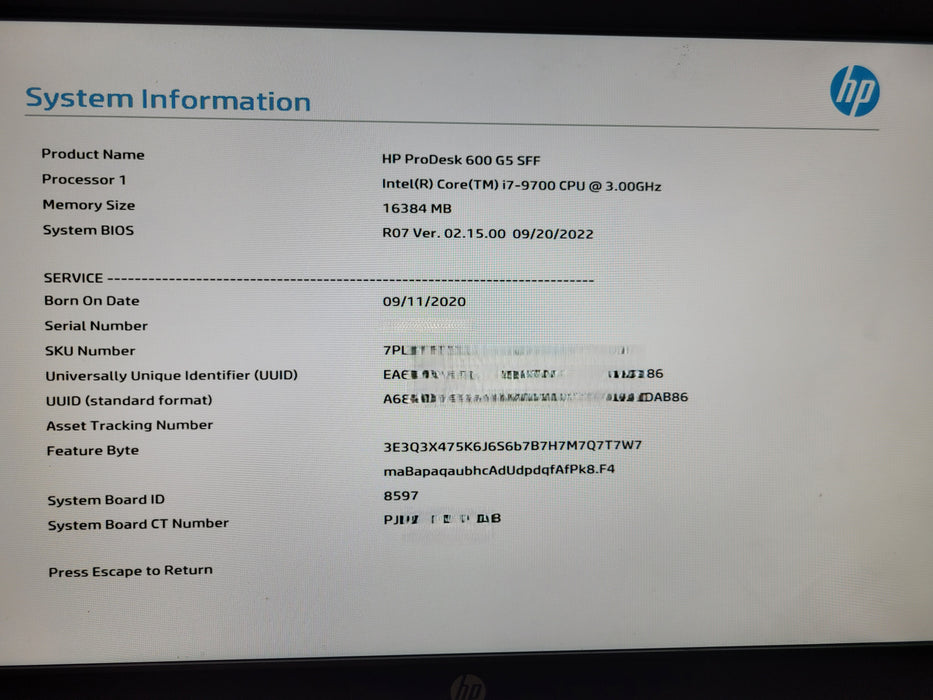 HP ProDesk 600 G5 SFF | i7-9700 @3.00GHz 16GB DDR4 256GB NVMe