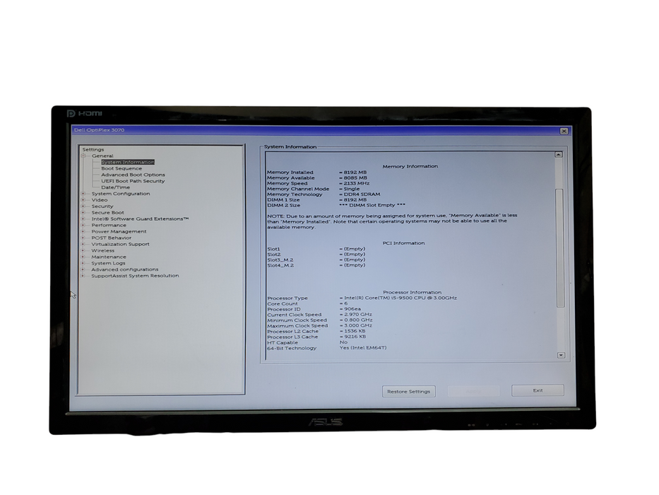 Dell OptiPlex 3070 SFF, i5-9500, 8GB DDR4, No HDD/OS