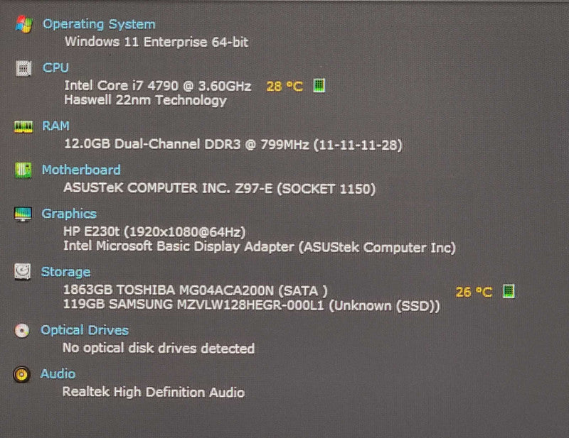 Custom PC/ASUS Z97-E, i7-4790 3.60GHz, 12GB DDR3, 128GB NVMe, 2TB 3.5\\"HDD