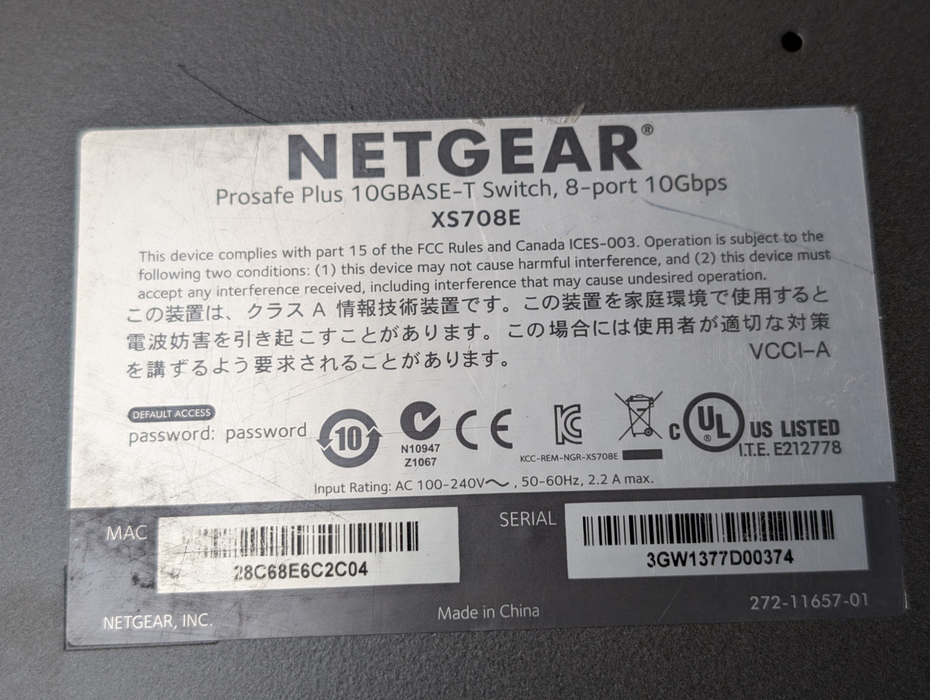 NETGEAR Prosafe Plus 10GBASE-T Switch 8-port 10Gbps RJ45 Smart Switch