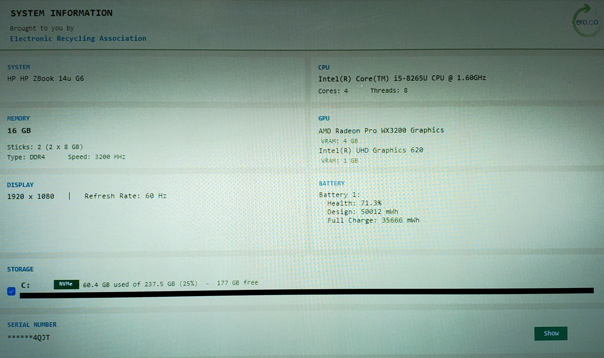 HP ZBook 14u G6 i5-8265U 16GB RAM 256GB SSD WX3200 4GB GPU