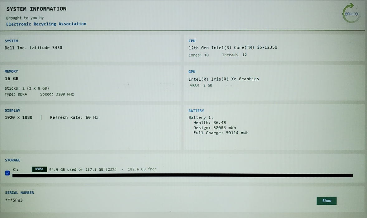 Dell Latitude 5430 i5-1235U 2.5GHz 16.0GB RAM 256GB SSD