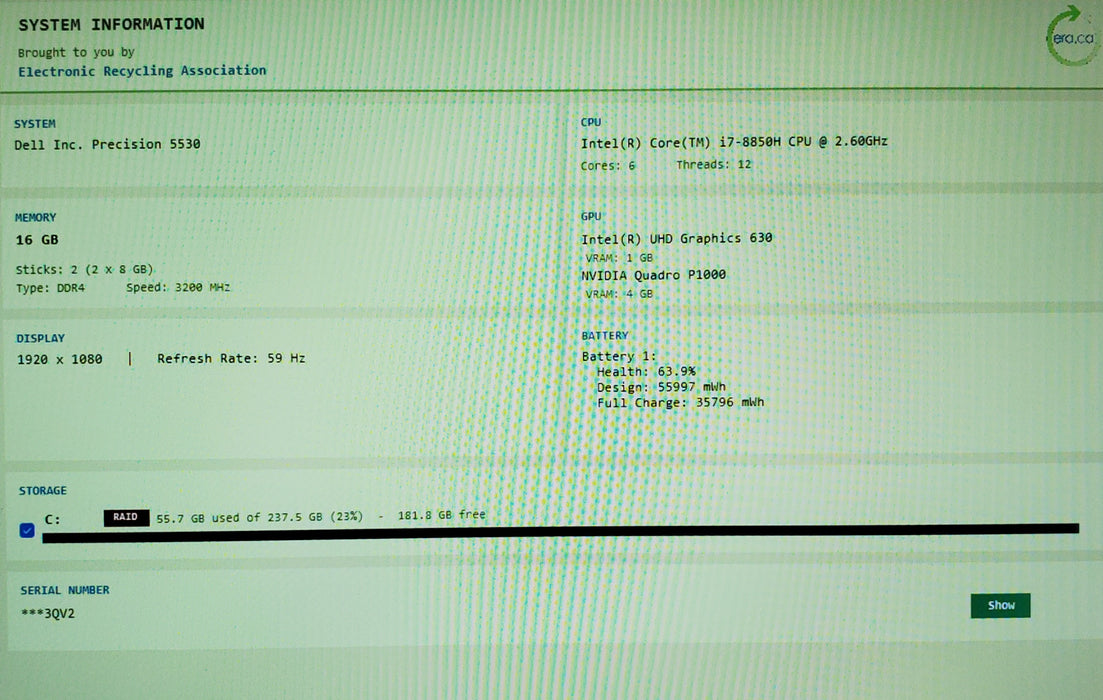 Dell Precision 5530 i7-8850H@2.6GHz QUADRO P1000 4GB GPU 16GB RAM 256GB SSD READ