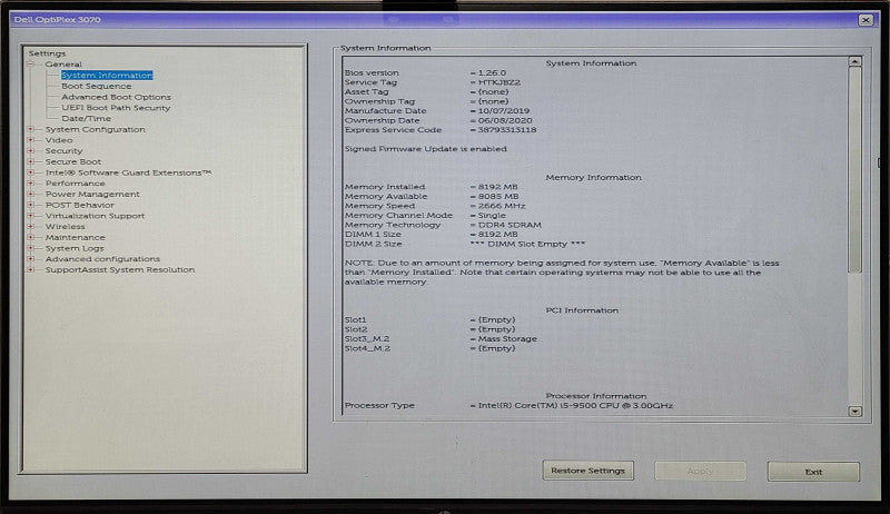 Dell OptiPlex 3070, Core i5-9500 3.00GHz, 8GB RAM, 256GB NVMe