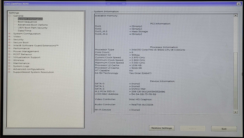 Dell OptiPlex 3070, Core i5-9500 3.00GHz, 8GB RAM, 256GB NVMe