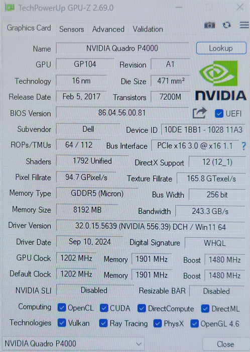 Dell/Nvidia Quadro P4000 8GB GDDR5 Graphics Card 4xDisplay ports 0GN4T7