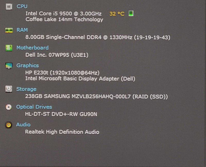 Dell OptiPlex 3070, Core i5-9500 3.00GHz, 8GB RAM, 256GB NVMe