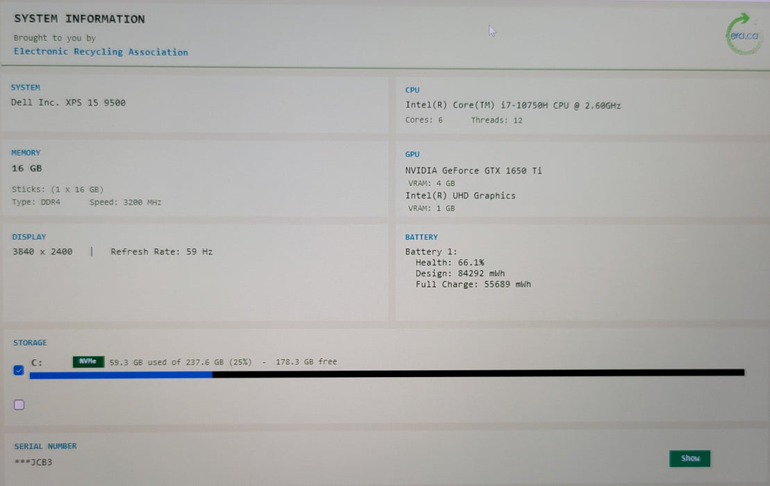 Dell XPS 15 9500 i7-10750H 16GB DDR4 GTX 1650 Ti 256GB NVMe 4K No Adapter READ