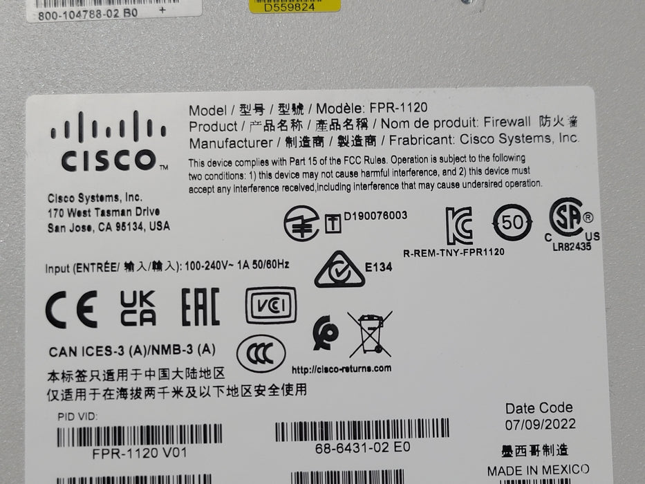 CISCO FIREPOWER FPR-1120 8-port GbE 4-port SFP FIREWALL Device, No SSD, No Tray