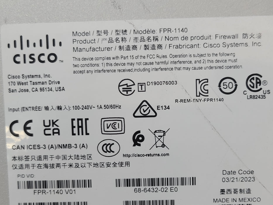 Cisco Firepower 1000 series Network Security Firewall FPR-1140 No SSD- Powers On
