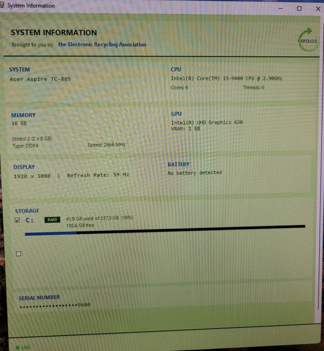Acer Aspire TC-855 | i5-9400 @2.90GHz 16GB DDR4 256GB NVMe