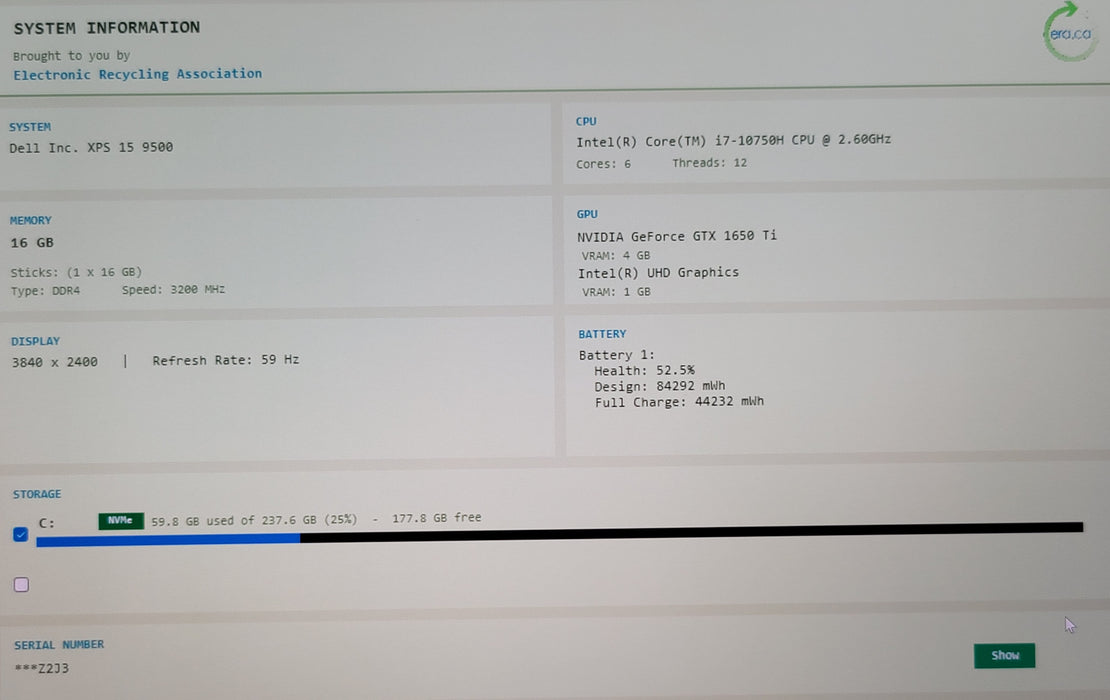 Dell XPS 15 9500 15" i7-10750H 16GB DDR4 GTX 1650 Ti 256GB NVMe 4K Touch READ