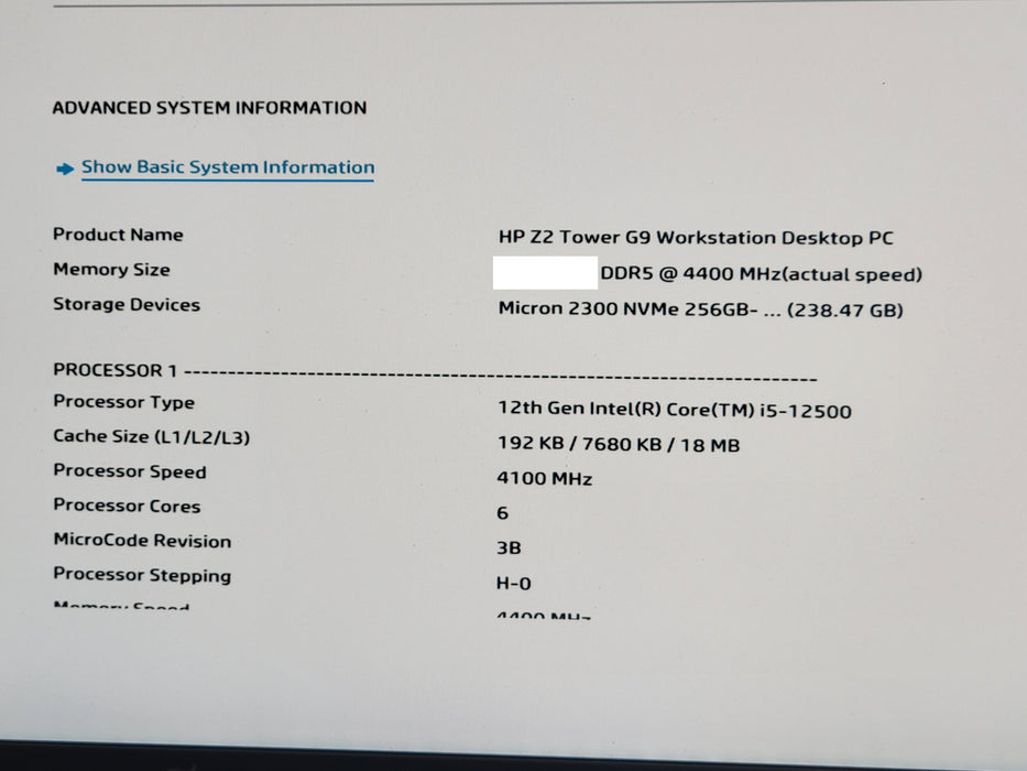 HP Z2 Tower G9 WS Desktop, Core I5-12500 CPU, 256GB NVME, 450W PSU, NO RAM, SEE