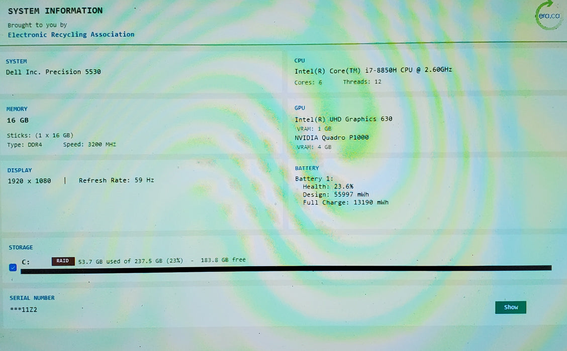 Dell Precision 5530 i7-8850H@2.6GHz QUADRO P1000 4GB GPU 16GB RAM 256GB SSD READ