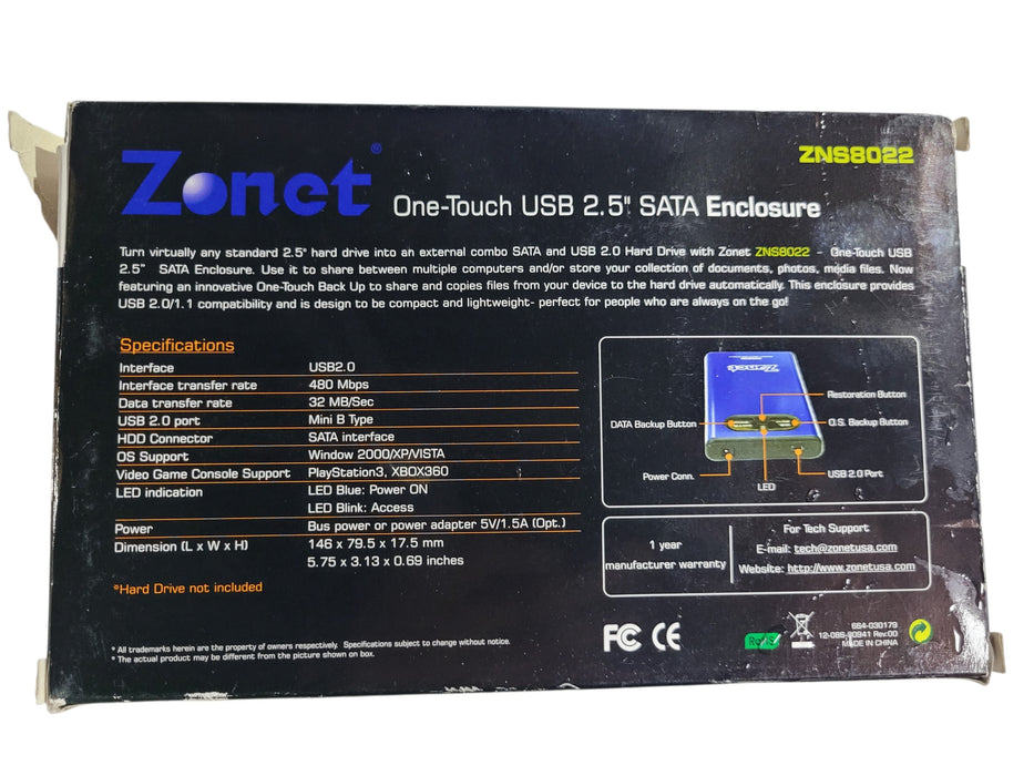Zonet ZNS8022 2.5" SATA USB 2.0 External Hard Drive Enclosure