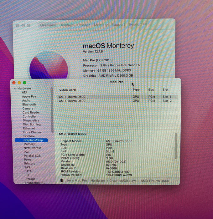 Apple Mac Pro Late 2013 XEON E5-1680v2 AMD FirePro D500 3GB GPU 64GB RAM 1TB SSD