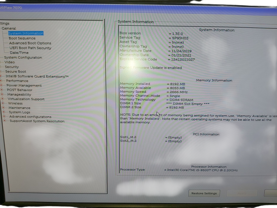 Dell OptiPlex 7070 SFF, i5-9500, 8GB DDR4, No HDD/OS