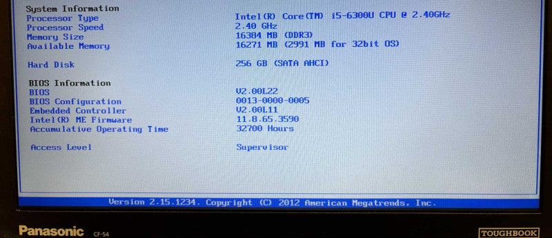 Panasonic ToughBook CF-54  i5-6300U@2.4GHz 16GB RAM 256GB SSD 32700 Hrs. READ
